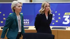 epa11235844 European Commission President Ursula von der Leyen and Italian Prime Minister Giorgia Meloni (R) during the second day of a European Council meeting in Brussels, Belgium, 22 March 2024. EU leaders are meeting in Brussels to discuss continued support for Ukraine, the developing situation in the Middle East, security and defense, enlargement, external relations, migration, agriculture as well as the European semester. EPA/OLIVIER HOSLET