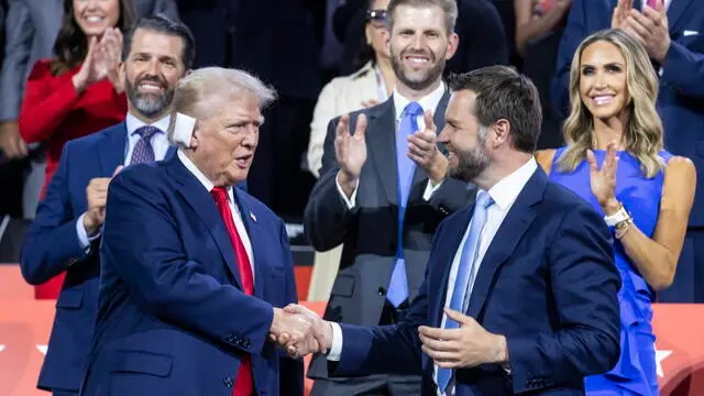 epa11480837 Republican presidential nominee and former President Donald Trump (2-L) with his newly announced running mate, Senator JD Vance (2-R) of Ohio, arrive during the opening night of the Republican National Convention (RNC) at Fiserv Forum in Milwaukee, Wisconsin, USA, 15 July 2024. The convention comes days after a 20-year-old Pennsylvania man attempted to assassinate former president and current Republican presidential nominee Donald Trump. The 2024 Republican National Convention is being held 15 to 18 July 2024 in which delegates of the United Statesâ€™ Republican Party select the party's nominees for president and vice president in the 2024 United States presidential election. EPA/JUSTIN LANE EPA-EFE/JUSTIN LANE EPA-EFE/JUSTIN LANE