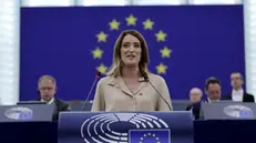 epa11481034 Incumbent European Parliament President and candidate for re-election, Roberta Metsola speaks during a plenary session of the European Parliament in Strasbourg, France, 16 July 2024. The first session of the new European Parliament opens on July 16, with MEPs due to elect their president for the next two and a half years. EPA/RONALD WITTEK