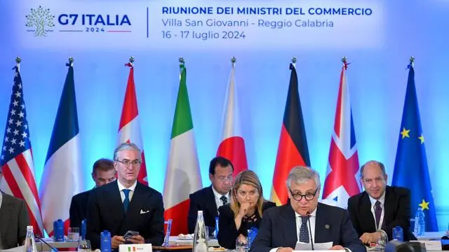 Il ministro degli Esteri Antonio Tajani durante la Riunione Ministeriale G7 Commercio in Calabria, Villa San Giovanni, 17 luglio 2024. ANSA/ALESSANDRO DI MEO