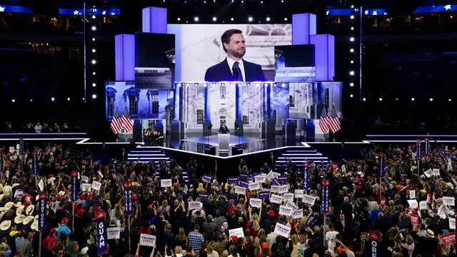 epa11484650 Republican vice presidential candidate Senator J.D. Vance of Ohio delivers remarks on the third day of the Republican National Convention (RNC) in the Fiserv Forum in Milwaukee, Wisconsin, USA, 17 July 2024. The convention comes days after a 20-year-old Pennsylvania man attempted to assassinate former president and current Republican presidential nominee Donald J. Trump. The 2024 Republican National Convention is being held 15 to 18 July 2024 in which delegates of the United Statesâ€™ Republican Party select the party's nominees for president and vice president in the 2024 United States presidential election. EPA/SHAWN THEW