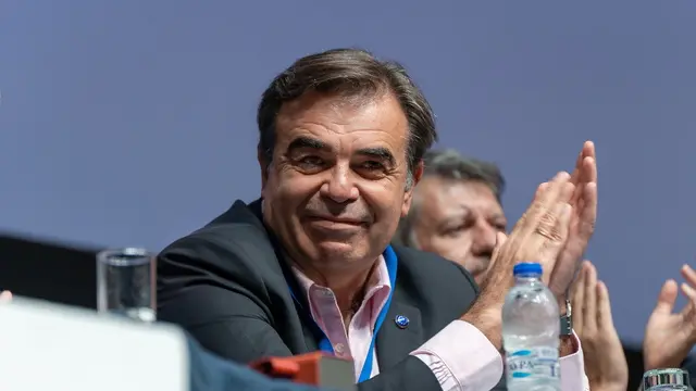 epa11443316 European Commission Vice-President Margaritis Schinas (L) attend the closing ceremony of the Human Rights Conference during EuroPride 2024, in Thessaloniki, Greece, 28 June 2024. EuroPride is a pan-European international LGBTI event featuring a Pride parade, hosted by a different European city each year. EuroPride in Thessaloniki was initially due to take place in 2020 but it was cancelled due to the coronavirus pandemic. Members voted at the AGM in 2020 to allow Thessaloniki Pride to host EuroPride in 2024 instead. EPA/NIKOS ARVANITIDIS