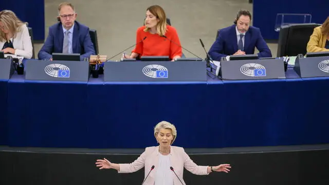 epa11485232 Outgoing European Commission President and candidate for re-election Ursula von der Leyen delivers a speech during a plenary session of the European Parliament in Strasbourg, France, 18 July 2024. MEPs will vote on Von der Leyen's nomination for Commission President on 18 July. If she is elected, she will serve as European Commission President for the next five years. If she does not get the required majority, the European Council will have to propose a new candidate within one month. EPA/LESZEK SZYMANSKI POLAND OUT