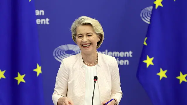 epa11485456 Ursula von der Leyen reacts during a press conference after being re-elected as European Commission President during a plenary session of the European Parliament in Strasbourg, France, 18 July 2024. MEPs re-elected Von der Leyen as European Commission President for the next five years. EPA/RONALD WITTEK