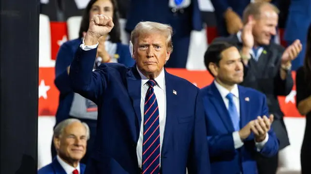 epa11484502 Republican presidential nominee Donald Trump arrives for the third day of the Republican National Convention (RNC) in the Fiserv Forum in Milwaukee, Wisconsin, USA, 17 July 2024. The convention comes just a few days after a 20-year-old Pennsylvania man attempted to assassinate former president and current Republic presidential nominee Donald Trump. The RNC is being held 15 to 18 July 2024 and is where delegates from the Republican Party select their nominees for president and vice president in the 2024 US presidential election. EPA/JIM LO SCALZO EPA-EFE/JIM LO SCALZO