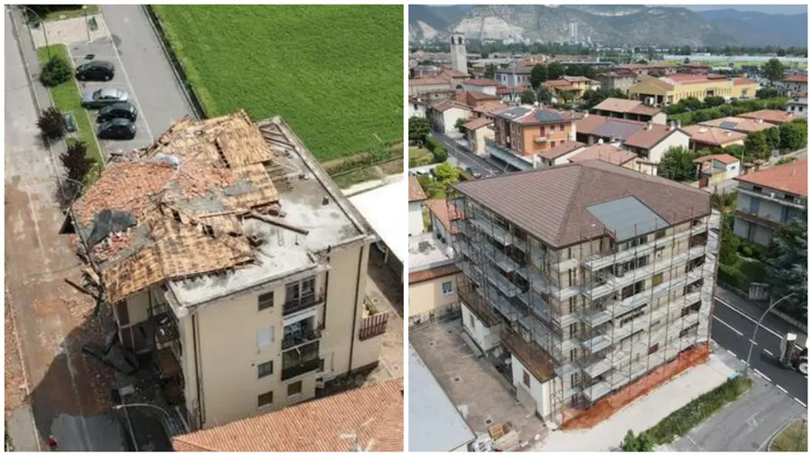 Com'era e com'è: il condominio di Ciliverghe con il tetto scoperchiato dalla tromba d'aria del 21 luglio 2023 e come si presenta oggi - © www.giornaledibrescia.it
