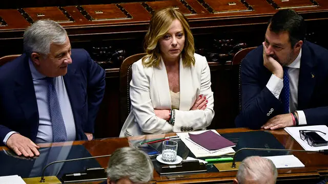 (L-R) Minister of Foreign Affairs, Antonio Tajani, Prime Minister Giorgia Meloni and Minister of Transports Matteo Salvini, at the Chamber of Deputies during the report on the upcoming European Council, Rome, Italy, 26 June 2024. ANSA/RICCARDO ANTIMIANI