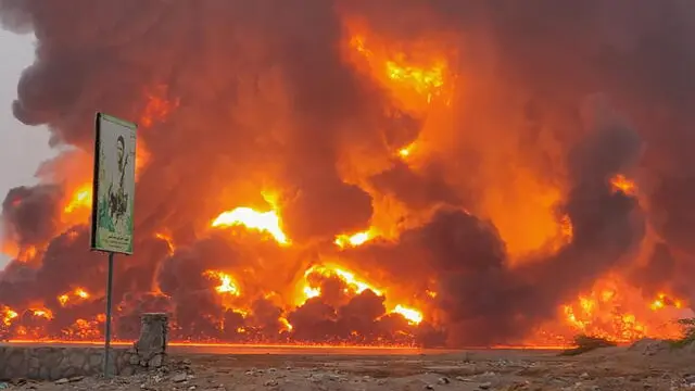 epa11489550 A handout screen grab taken from a video released by the Houthis media center shows fire and smoke rising following Israeli airstrikes in the port city of Hodeidah, Yemen, 20 July 2024. The Israel Defense Forces (IDF) confirmed on 20 July to have carried out airstrikes on Houthi military targets in the area of the Hodeidah port. Houthis-run TV station Al Masirah reported that the Israeli strikes targeted the Ras Kathnib power station and fuel tanks. The airstrikes come a day after the Houthis launched a drone attack on Tel Aviv, killing one and wounding at least 10 more. EPA/HOUTHIS MEDIA CENTER / HANDOUT BEST QUALITY AVAILABLEHANDOUT EDITORIAL USE ONLY/NO SALES