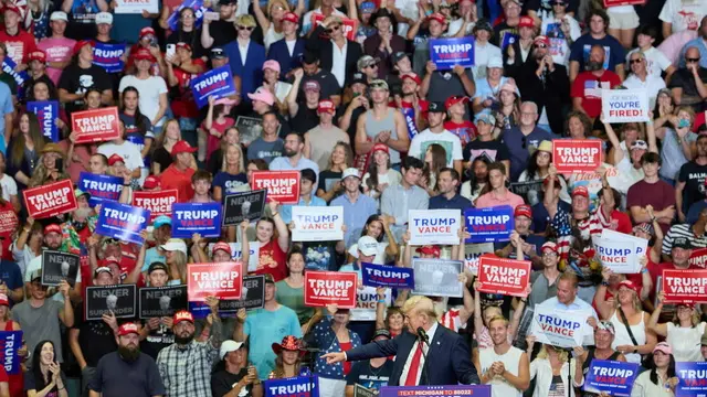 epa11489827 Republican presidential nominee Donald J. Trump speaks at his first joint rally with Republican vice presidential nominee Senator JD Vance at Van Andel Arena in Grand Rapids, Michigan, USA, 20 July 2024. EPA/ALLISON DINNER