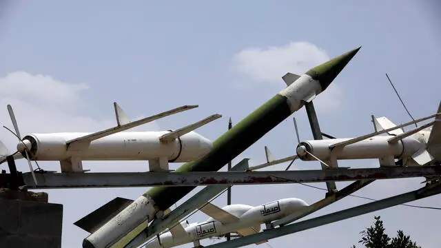 epa11470403 Mock Houthis-made drones and a missile are on display at a square in Sana'a, Yemen, 10 July 2024. A vessel has come under attack in the narrow Bab el-Mandeb Strait, a day after Yemen's Houthis claimed to have launched several ballistic and winged missiles and drones at three ships, including the US-flagged container ship, Maersk Sentosa, in the Arabian Sea and the Israeli ship, MSC Patnaree, in the Gulf of Aden, according to a statement by Houthi military spokesman Yahya Sarea. The Houthis have intensified their attacks against merchant and military vessels navigating in the seas around Yemen in retaliation for Israel's military operations in the Gaza Strip. EPA/YAHYA ARHAB