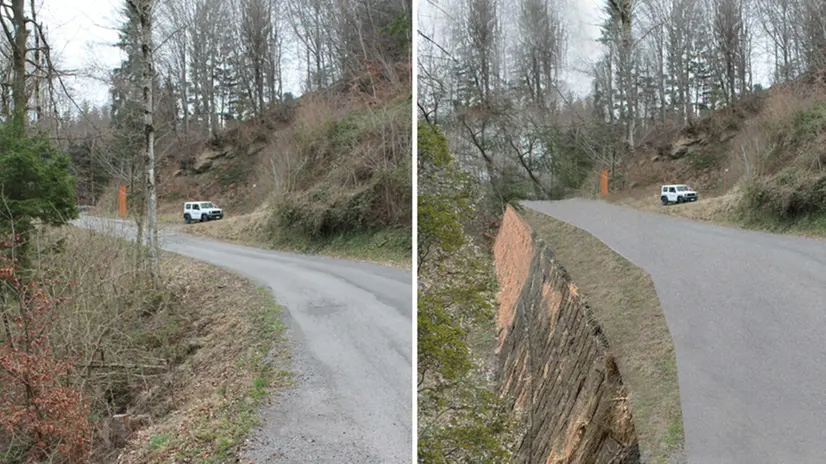 La strada in Vaghezza prima (a sinistra) e dopo (a destra) l'intervento