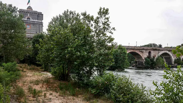 A view of the Tevere river at the Ponte Milvio at risk of dryness during the drought that hit the city of Rome in the last months, Rome, Italy, 23 June 2022. ANSA/FABIO FRUSTACI