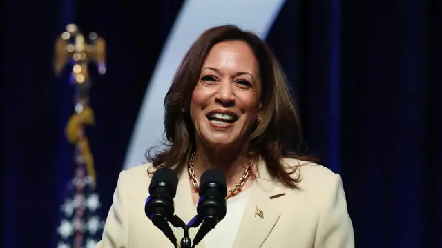 epa11494844 US Vice President Kamala Harris speaks during the Boule Social Justice Town Hall and Luncheon at the Zeta Phi Beta 2024 Grand Boule in Indianapolis, Indiana, USA, 24 July 2024. US President Joe Biden announced on 21 July that he would no longer seek re-election and endorsed Vice President Harris to be the Democratic presidential nominee for the US elections in November 2024. EPA/BRIAN SPURLOCK