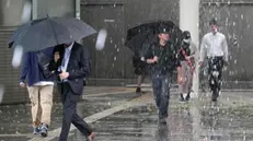 epa10847846 People walk under heavy rainfall generated by tropical storm Yun-yeung in Chiba, near Tokyo, Japan, 08 September 2023. The tropical storm generated heavy rain and disrupted traffic, as the Japan Meteorological Agency warned of flooding in low-lying areas. EPA/FRANCK ROBICHON