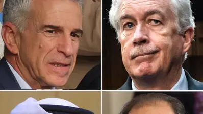 La foto combo ritrae (in senso orario, da sinistra) il capo del Mossad David Barnea, il direttore della CIA William Burns, il capo dell'intelligence egiziana Abbas Kamel e il premier del Qatar Mohammed bin Abdel Rahman al-Thani. ANSA/ EPA
