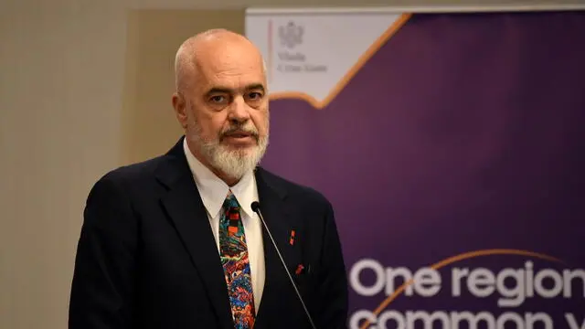 epa11344779 Albania's Prime Minister Edi Rama talks during a press conference at the Western Balkans - EU Summit in Kotor, Montenegro, 16 May 2024. Under the slogan 'One region, common vision' leaders of the countries of the region met with representatives of the European Union (EU) and the United States to debate the enlargement plan for the Western Balkans and its path towards the EU. EPA/BORIS PEJOVIC