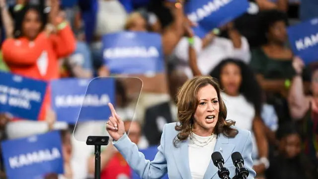 epa11510611 US Vice President Kamala Harris speaks during a campaign rally at Georgia State Convocation Center in Atlanta, Georgia, USA, 30 July 2024. Vice President Harris is widely expected to become the Democratic presidential nominee after US President Joe Biden dropped out of the race earlier in July. EPA/EDWARD M. PIO RODA