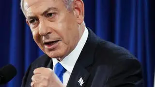 epa11476528 Israeli Prime Minister Benjamin Netanyahu speaks during a press conference amid the ongoing conflict in Gaza between Israel and Hamas, in Tel Aviv, Israel, 13 July 2024. EPA/NIR ELIAS / POOL