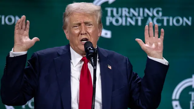 epa11498393 Former US President Donald Trump delivers remarks during Turning Point Action's 'Believers Summit' in West Palm Beach, Florida, USA, 26 July 2024. Turning Point Action is a conservative organization founded in 2019. Its mission is to embolden the conservative base through grassroots activism and provide voters with resources to elect conservative leaders. EPA/CRISTOBAL HERRERA-ULASHKEVICH