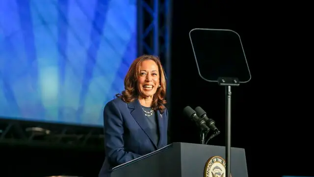 epa11514105 US Vice President Kamala Harris addresses Sigma Gamma Rho Sorority Inc.'s 60th International Biennial Boule at the George R. Brown Convention Center on Houston, Texas, USA, 31 July 2024. Vice President Harris is widely expected to become the Democratic partyâ€™s presidential nominee after US President Joe Biden dropped out of the race earlier this month. EPA/LESLIE PLAZA JOHNSON