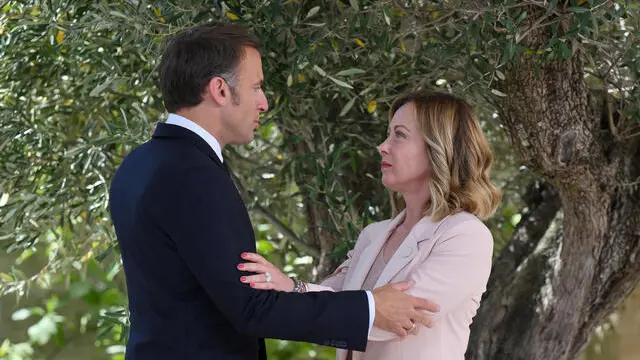 French President Emmanuel Macron (L) during the welcome ceremony with Italy's Prime Minister Giorgia Meloni (R), during the G7 Borgo Egnazia Summit in Borgo Egnazia (Brindisi), southern Italy, 13 June 2024. The G7 Borgo Egnazia Summit will be held from 13 to 15 June 2024. ANSA/ETTORE FERRARI