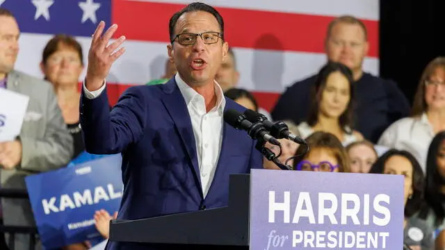 epa11507596 Pennsylvania Governor Josh Shapiro speaks during a Harris for President event at Wissahickon High School in Ambler, Pennsylvania, USA, 29 July 2024. EPA/SARAH YENESEL