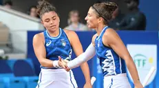 epa11525874 Sara Errani and Jasmine Paolini of Italy react during the Women Doubles gold medal match against Mirra Andreeva and Diana Shnaider of Russia, of the Tennis competitions in the Paris 2024 Olympic Games, at the Roland Garros in Paris, France, 04 August 2024. EPA/CAROLINE BLUMBERG