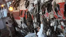 Presentazione alla stampa dell'esito della prima tranche di lavori di manutenzione e ripulitura, effettuati sui resti del velivolo DC-9 Itavia al Museo per la Memoria di Ustica di Bologna, 12 ottobre 2018. ANSA-ARCHIVIO/GIORGIO BENVENUTI