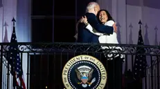 epa11458253 US President Joe Biden (L) and US Vice President Kamala Harris (R) on the Truman Balcony of the White House in Washington, DC, USA, 04 July 2024. Biden's reelection campaign limped into the US Independence Day holiday, exhausted by a week of the incumbent clawing to maintain his hold on his party's nomination. EPA/TIERNEY L. CROSS / POOL