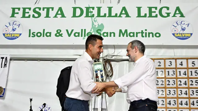 Lega’s Roberto Vannacci and journalist of Libero Fabio Rubini during the XXVI Festa di Pontida in Pontida, Italy, 10 August 2024. ANSA/MICHELE MARAVIGLIA