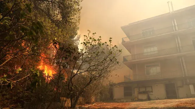 epa11546765 Flames approach houses during a wildfire in Patima Halandri, a suburb of Athens, Greece, 12 August 2024. The wildfire that broke out in Varnavas on 11 August afternoon continued to rage in eastern Attica on 12 August, fanned and spread to a front extending more than 20 kilometers. According to the fire department, the fire-fighting effort is extremely difficult as the wind keeps changing direction, while the three main fronts of concern are in Grammatiko, Penteli and the Anatoli settlement in Nea Makri. A total of 685 firefighters, 27 of forest commando units, 190 fire engines, assisted by 17 water-dropping helicopters and 16 firefighting aircraft and volunteers with the contribution of all the civil protection entities are battling the blaze. EPA/GEORGE VITSARAS