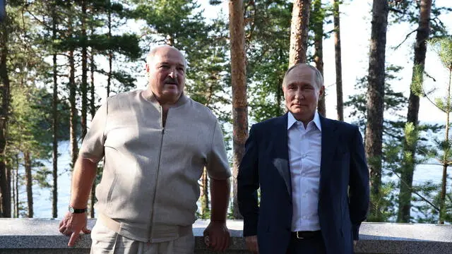 epa11497278 Russian President Vladimir Putin (R) and Belarusian President Alexander Lukashenko (L) visit the Chapel of the Valaam Icon of the Mother of God on Svetly Island, Republic of Karelia, Russia, 26 July 2026. The Belarusian president is on a two days working visit to Russia. EPA/ALEXANDER KAZAKOVSPUTNIK/KREMLIN POOL MANDATORY CREDIT