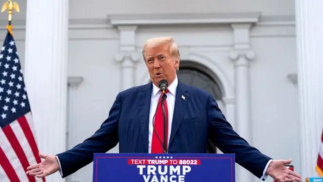 BEDMINSTER, NEW JERSEY - AUGUST 15: Republican presidential candidate, former U.S. President Donald Trump holds a news conference outside the Trump National Golf Club Bedminster on August 15, 2024 in Bedminster, New Jersey. Trump's campaign leaders announced they were expanding his staff as the reelection campaign heads in to its final few months. Adam Gray/Getty Images/AFP (Photo by Adam Gray / GETTY IMAGES NORTH AMERICA / Getty Images via AFP)