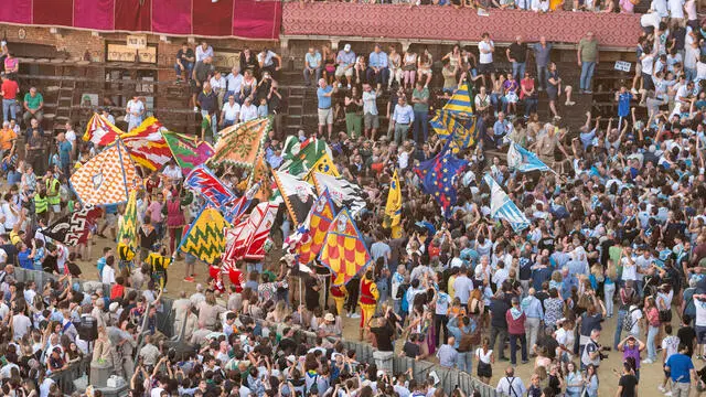 Jockey Carlo Sanna, also known as Brigante, on horse Tabacco winning the historical horse race 'Palio di Siena' has been postponed to 3 July due to the rain the historical horse race 'Palio di Siena' in Siena, Italy, 04 July 2024. The traditional horse races between the Siena city districts will be held 02 July as the 'Palio di Provenzano' on the holiday of the Madonna of Provenzano and on 16 August as the 'Palio dell'Assunta' on the holiday of the Virgin Mary. ANSA/CLAUDIO GIOVANNINI