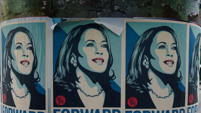 epa11552116 Posters in support of US Vice President Kamala Harris ahead of the Democratic National Convention (DNC) at the United Center, Chicago, Illinois, USA, 16 August 2024. The Democratic National Convention is due to run from 19 August until 22 August 2024. EPA/WILL OLIVER