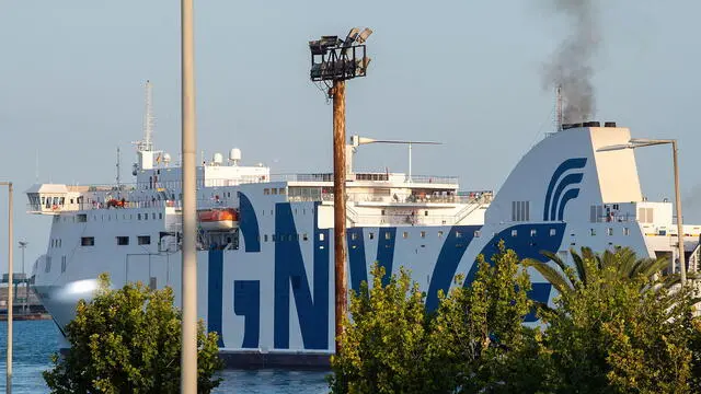 epa11467887 A view of the GNV Bridge ship upon its arrival to the port of Valencia carrying part of the passengers who had to be evacuated from 'The Tenancia' ferry boat after a fire broke out in the ship's engine room while traveling from the Spanish port city of Valencia to the resort island of Mallorca on 07 July, in Valencia, eastern Spain, 08 July 2024 (issued on 09 July). The incident left about 350 passengers stuck at sea for around 24 hours while waiting to be picked up by a replacement vessel. No injured people were reported. The rest of passengers are expected to arrive to Valencia today. EPA/Miguel Ãngel Polo