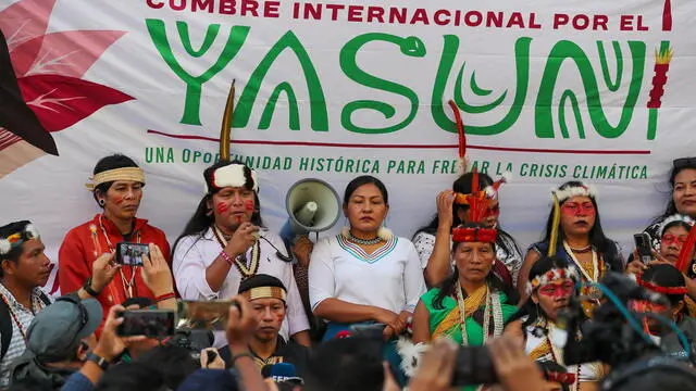 epa11557138 The Waorani people of the Amazon demonstrate in Quito, Ecuador, 20 August 2024. Dozens of indigenous Waorani people, who live in the Ecuadorian Amazon, marched to the country's capital to demand that the government close, dismantle and repair the territory affected by oil exploitation in the Yasuni National Park, a biosphere reserve. EPA/JOSE JACOME