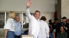 epaselect epa11503974 Venezuelan presidential candidate Edmundo Gonzalez Urrutia reacts after voting at a polling station in Caracas, Venezuela, 28 July 2024. EPA/Ronald Pena