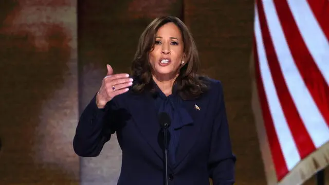 epa11560907 Democratic presidential candidate Kamala Harris gives her keynote address on the final night of the Democratic National Convention (DNC) at the United Center in Chicago, Illinois, USA, 22 August 2024. The 2024 Democratic National Convention is being held 19 to 22 August 2024 in which delegates of the United States' Democratic Party approved the party's platform and ceremonially voted for the party's nominees for president and vice president, Vice President Kamala Harris and Governor Tim Walz of Minnesota, for the upcoming presidential election. EPA/MICHAEL REYNOLDS