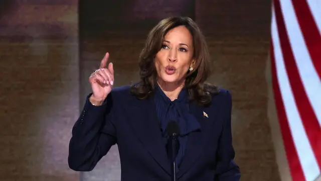 epa11560860 Democratic presidential candidate Kamala Harris gives her keynote address on the final night of the Democratic National Convention (DNC) at the United Center in Chicago, Illinois, USA, 22 August 2024. The 2024 Democratic National Convention is being held 19 to 22 August 2024 in which delegates of the United States' Democratic Party approved the party's platform and ceremonially voted for the party's nominees for president and vice president, Vice President Kamala Harris and Governor Tim Walz of Minnesota, for the upcoming presidential election. EPA/MICHAEL REYNOLDS