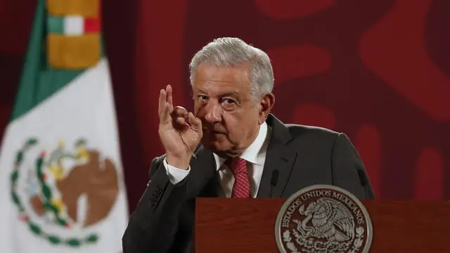 epa10185832 Mexican President Andres Manuel Lopez Obrador (AMLO) speaks during a press conference at the National Palace in Mexico City, Mexico 15 September 2022. The Mexican government has released over 2,500 inmates since 2018 during the Presidency of Andres Manuel Lopez Obrador, thanks to the Amnesty Law introduced by the head of state, whose mandate runs untils 2024. EPA/MARIO GUZMAN