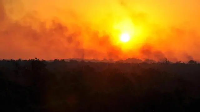 Fumo degli incendi boschivi presso Corumba', in Brasile, 16 agosto 2012. Da quasi due mesi non piove sul Pantanal e i focolai di incendio sono gia' oltre tremila, un numero sei volte maggiore della media delle "queimadas" registrate in tutto il 2011. E per i prossimi mesi non c'e' previsione di pioggia in tutta l'area di Corumba', la capitale del Pantanal ai confini con la Bolivia e il Paraguay. ANSA/OLIVIERO PLUVIANO