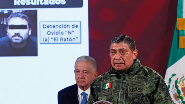 epa10392433 Mexican Secretary of National Defense Luis Cresencio Sandoval speaks during a morning press conference at the National Palace in Mexico City, Mexico, 06 January 2023. At least 29 people were killed in a wave of violence that swept northern Mexico following the arrest of Ovidio 'El Raton' Gumzan, one of the sons of notorious drug lord Joaquin 'El Chapo' Guzman. Cresencio Sandoval said 10 of those killed were members of the Mexican Armed Forces and 19 belonged to the heavily armed criminal organizations that sparked the violence. EPA/Jose Mendez