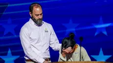 epa11558730 Jon Polin and Rachel Goldberg, parents of Hammas hostage Hersh Goldberg-Polin, deliver remarks during the third night of the Democratic National Convention (DNC) at the United Center in Chicago, Illinois, USA, 21 August 2024. The 2024 Democratic National Convention is being held from 19 to 22 August 2024, during which delegates of the United States' Democratic Party will vote on the party's platform and ceremonially vote for the party's nominee for president, Vice President Kamala Harris, and for vice president, Governor Tim Walz of Minnesota, for the upcoming presidential election. EPA/WILL OLIVER