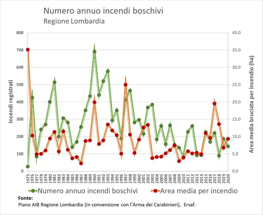 Gli incendi boschivi in Lombardia tra il 1975 e il 2020 - Numero annuo di incendi boschivi