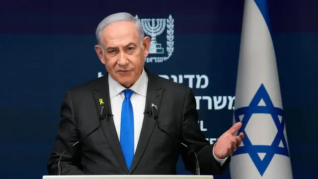 epa11580661 Israeli Prime Minister Benjamin Netanyahu speaks during a news conference in Jerusalem, 02 September 2024. The Israeli Prime Minister said, among other things, that Israel 'must have control' over Philadelphi Corridor, a narrow strip of land along the border between the Gaza Strip and Egypt. EPA/OHAD ZWIGENBERG / POOL