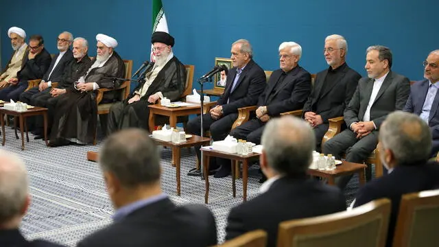 epa11566811 A handout photo made available by the supreme leader office shows Iranian Supreme Leader Ayatollah Ali Khamenei (C) attending a meeting with the new Iranian government in Tehran, Iran, 27 August 2024. EPA/IRANIAN SUPREME LEADER OFFICE HANDOUT HANDOUT EDITORIAL USE ONLY/NO SALES