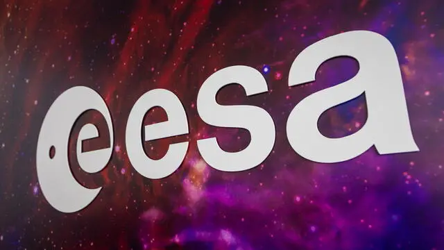 epa10534914 The ESA logo during a press visit at the new European Space Agency (ESA) headquarters in Paris, France, 21 March 2023. The European Space Agency inaugurate its new hq after 5 years of renovation. EPA/CHRISTOPHE PETIT TESSON