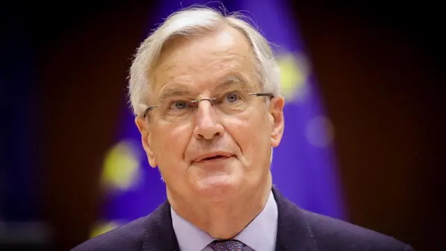 epa09162881 Head of the Task Force for Relations with the UK, Michel Barnier attends a debate on EU-UK trade and cooperation agreement during the second day of a plenary session at the European Parliament in Brussels, Belgium, 27 April 2021. EPA/OLIVIER HOSLET / POOL