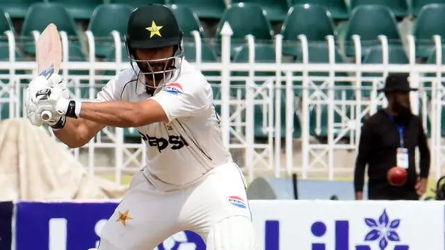 epa11580037 Pakistan's Agha Salman plays a shot during the fourth day of the second and last Test cricket match between Pakistan and Bangladesh, at the Rawalpindi Cricket Stadium in Rawalpindi, Pakistan, 02 September 2024. EPA/SOHAIL SHAHZAD